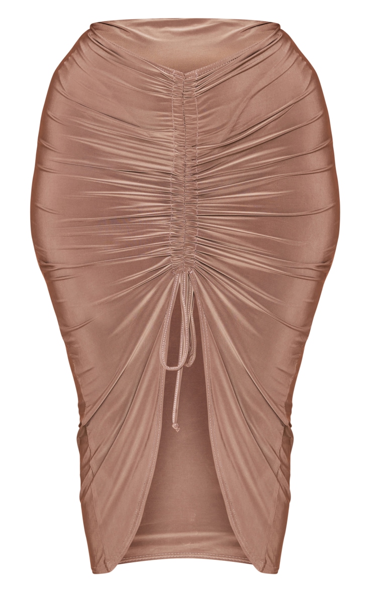 Plus Mocha Slinky Ruched Front Midi Skirt image 5