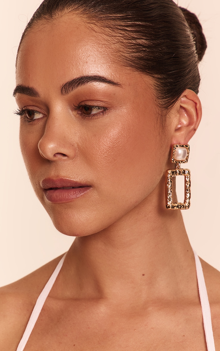 Gold Rectangular Pendant Statement Earrings image 1