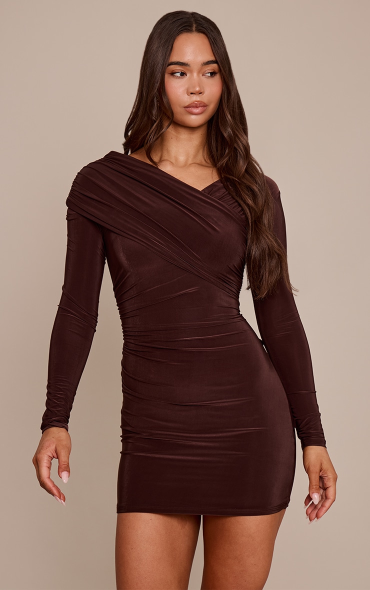 Chocolate Slinky Wrap Off The Shoulder Mini Dress
