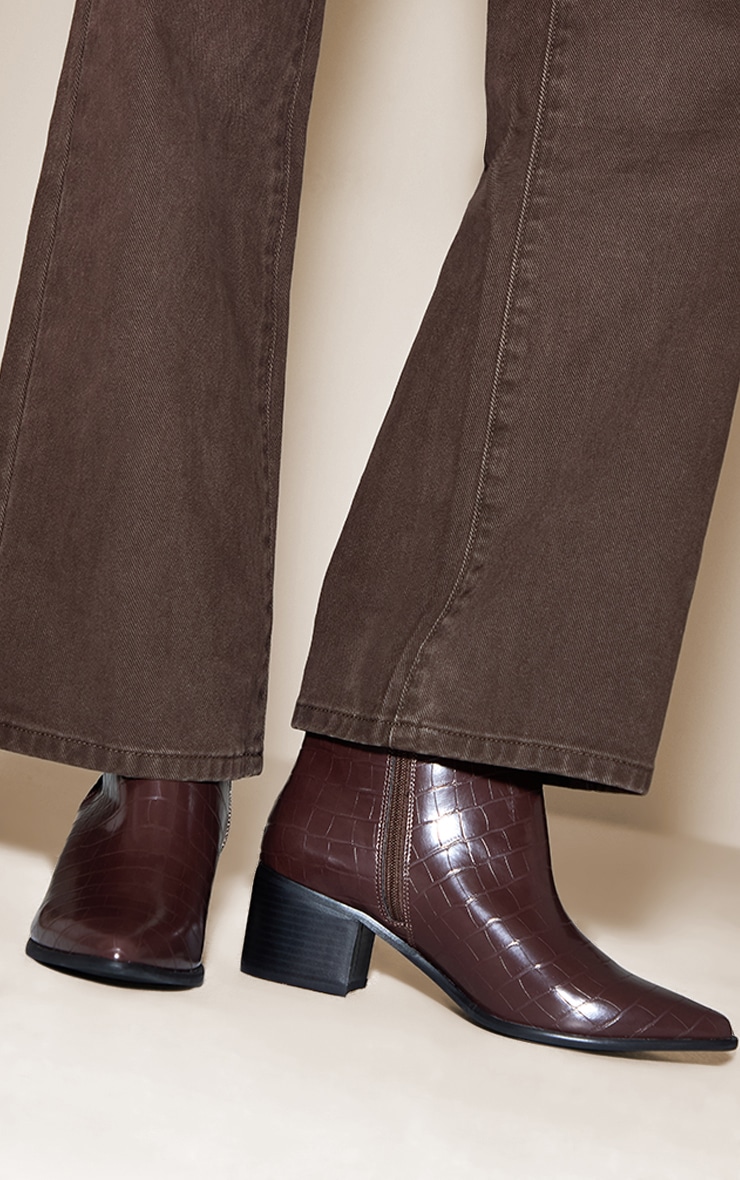 Chocolate Croc Pointed Toe Block Heel Ankle Boot