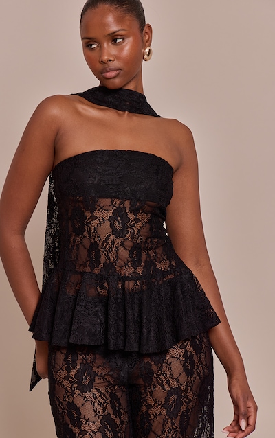 Top bustier en dentelle noire à détail foulard et volants