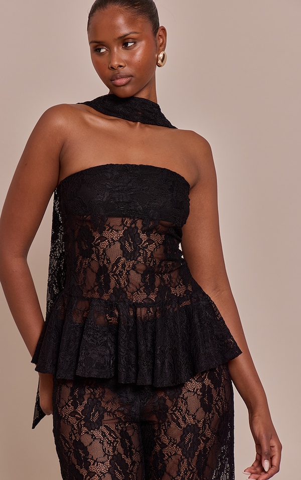 Black Lace Neck Scarf Frill Bandeau Top