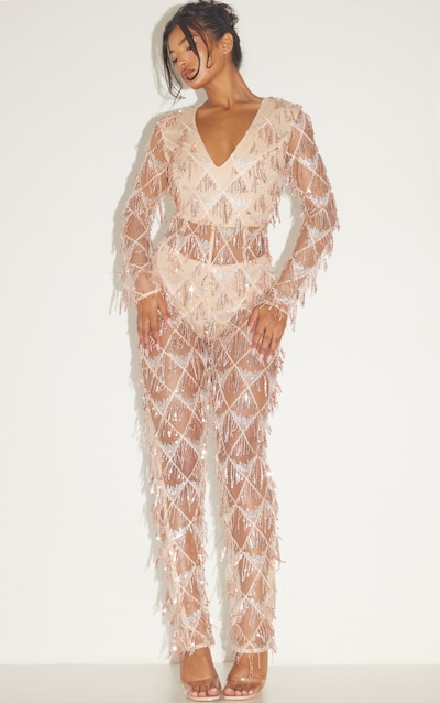Rose Gold Tassel Sequin Plunge Jumpsuit