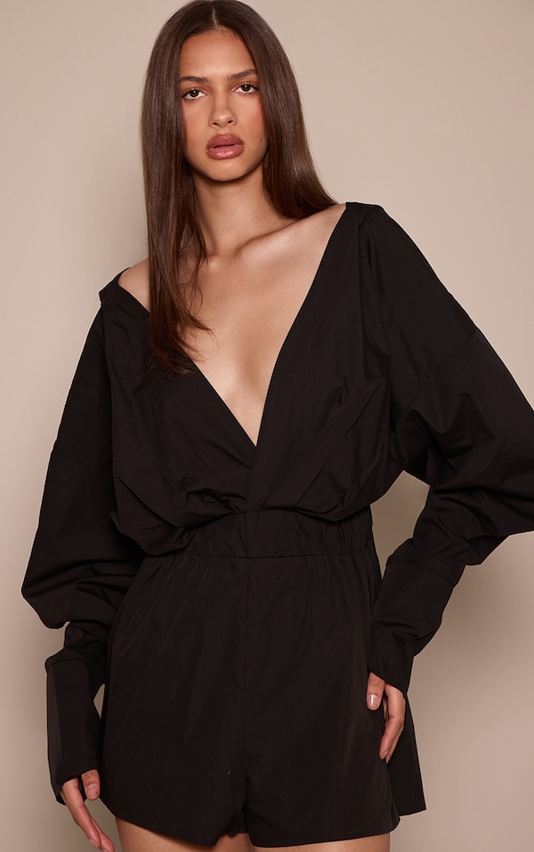 Black Cotton Plunge Shirt Romper