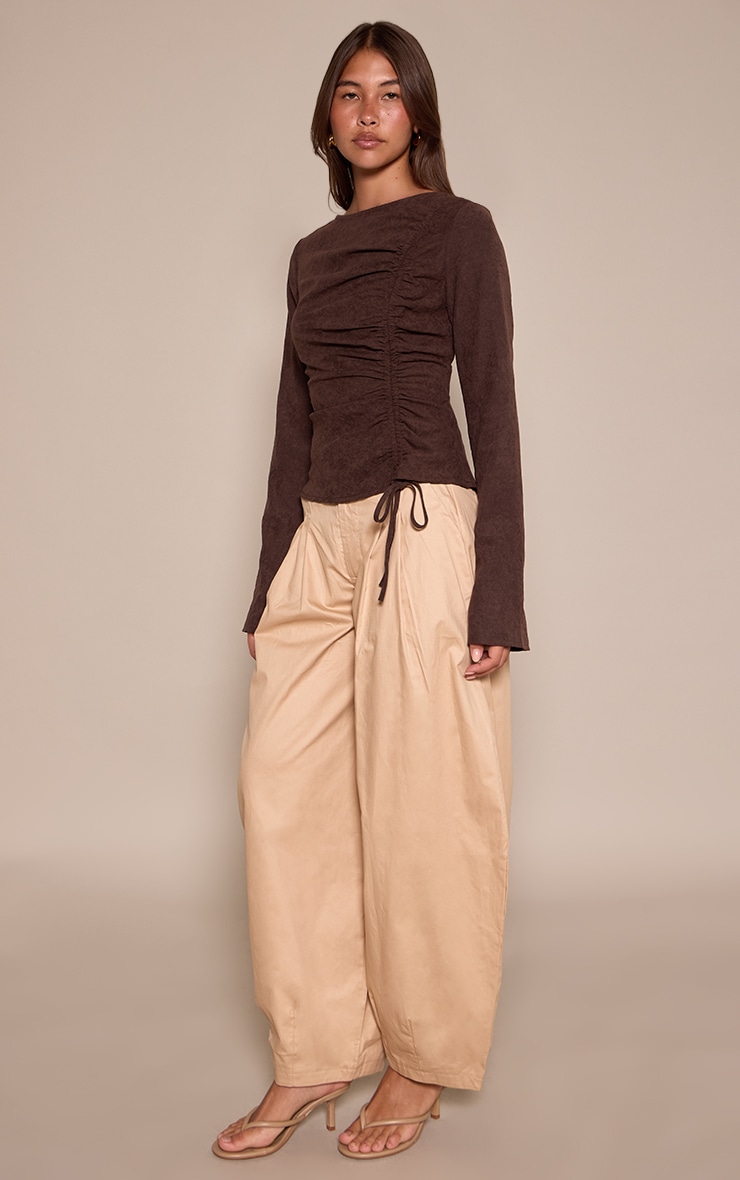 Chocolate Peachskin Ruched Front Fitted Top  image 3