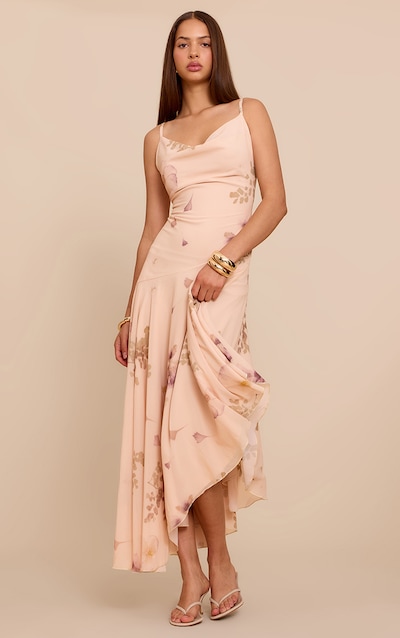 Robe longue imprimé crème à bretelles fines et col bénitier