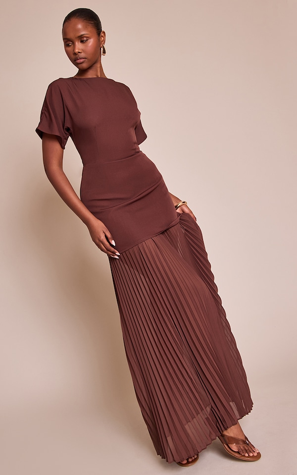 Chocolate Satin Back Tie Pleated Hem Maxi Dress