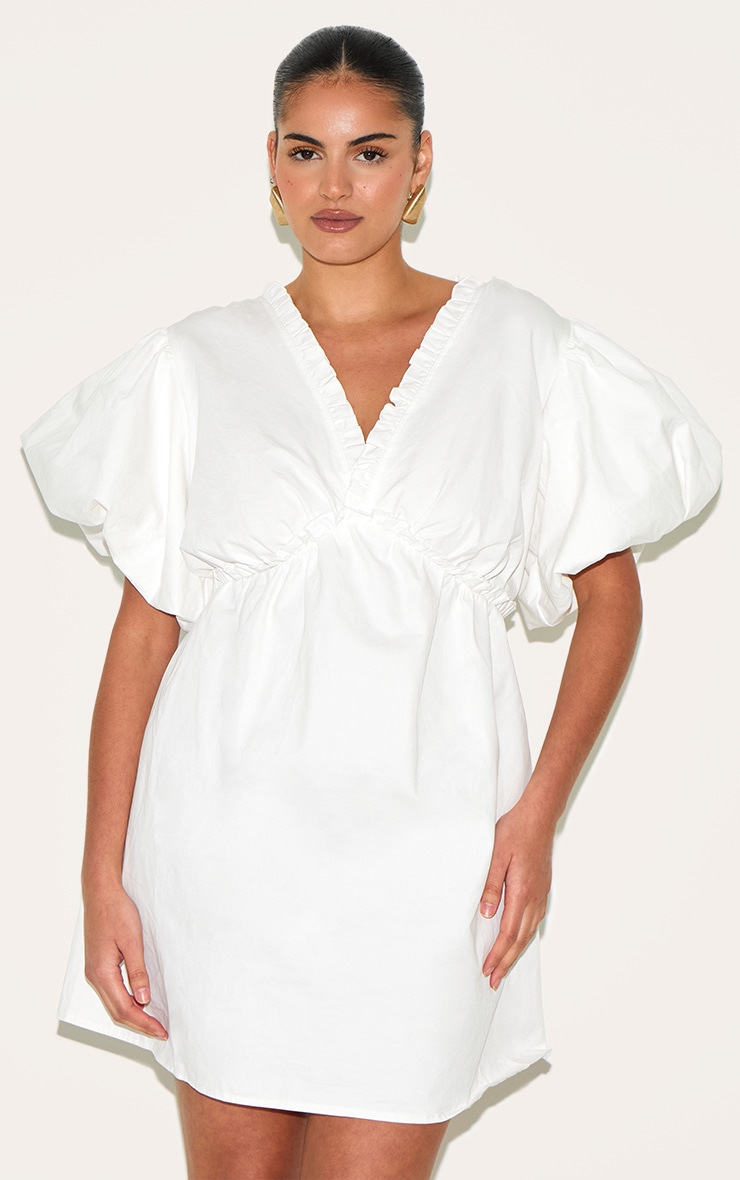 Plus White Cotton Gathered A-line Dress image 1