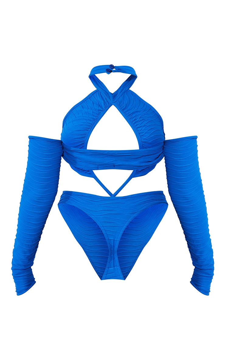 Bright Blue Pleated Jersey Tie Neck Cut Out Bodysuit image 6