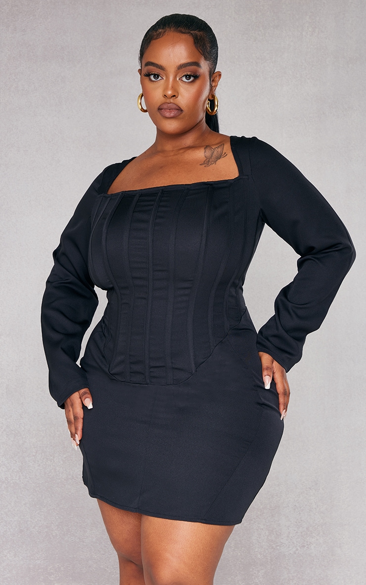 Plus Black Corset Long Sleeve Bodycon Dress image 3