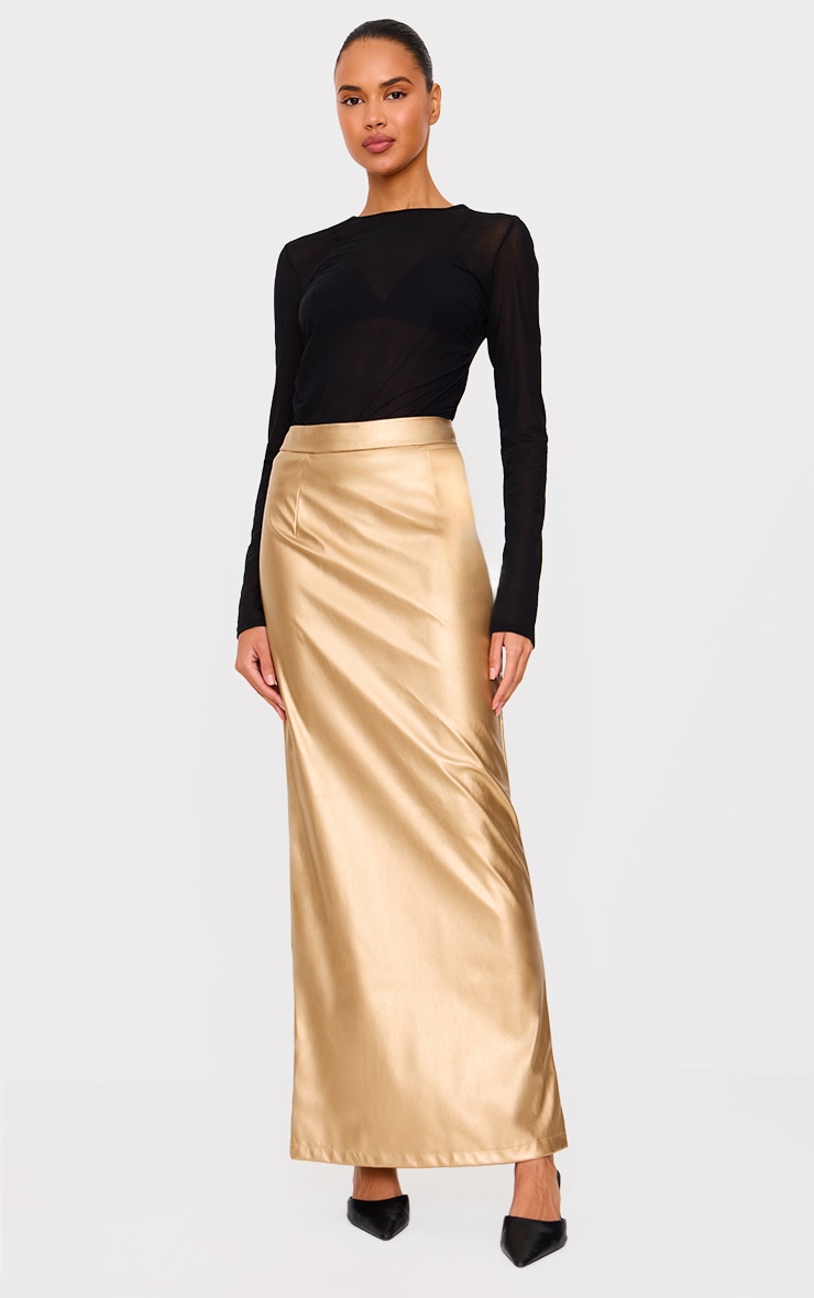 Gold Metallic Faux Leather Maxi Skirt image 1