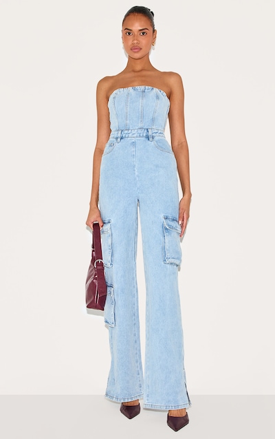 Combinaison bustier en jean bleu très délavé à poches style cargo