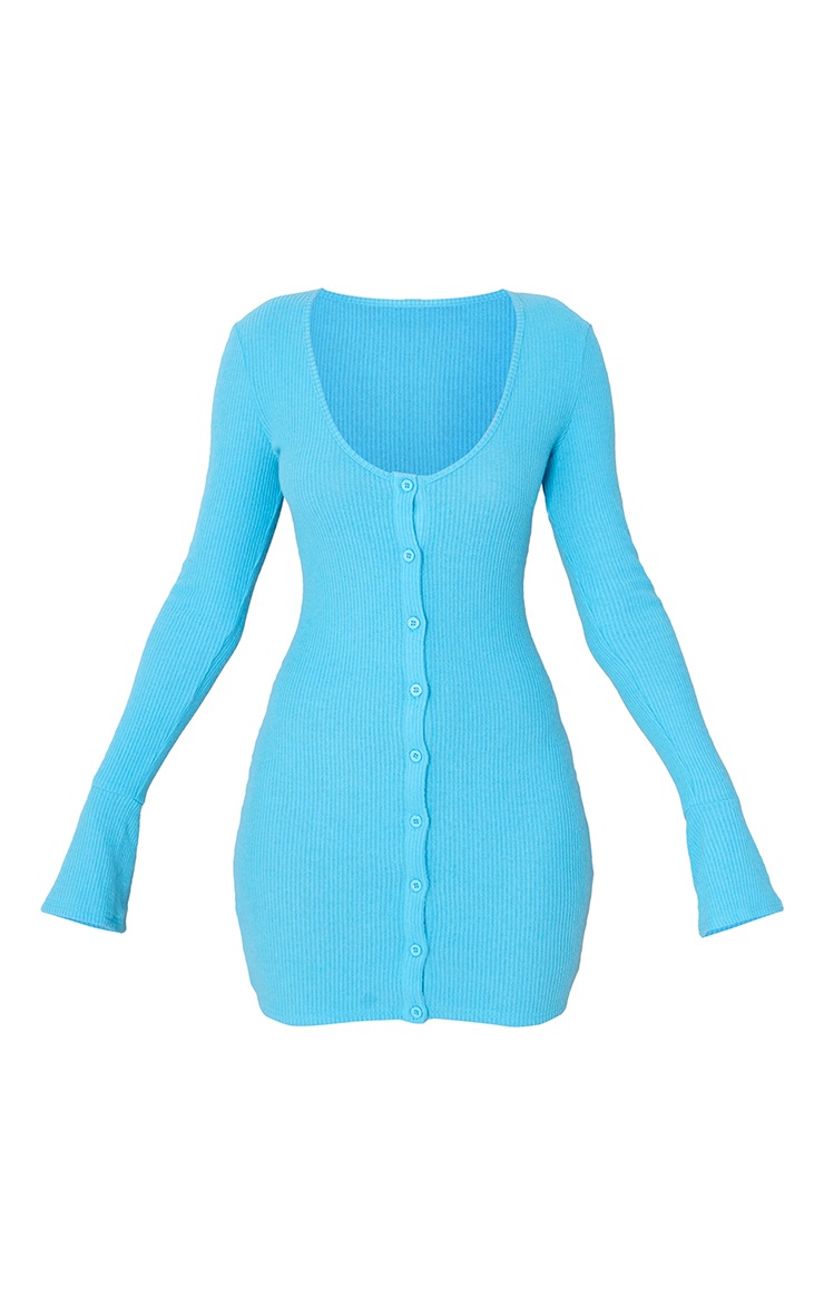 Blue Brushed Rib Plunge Flare Sleeve Shirt Dress image 5