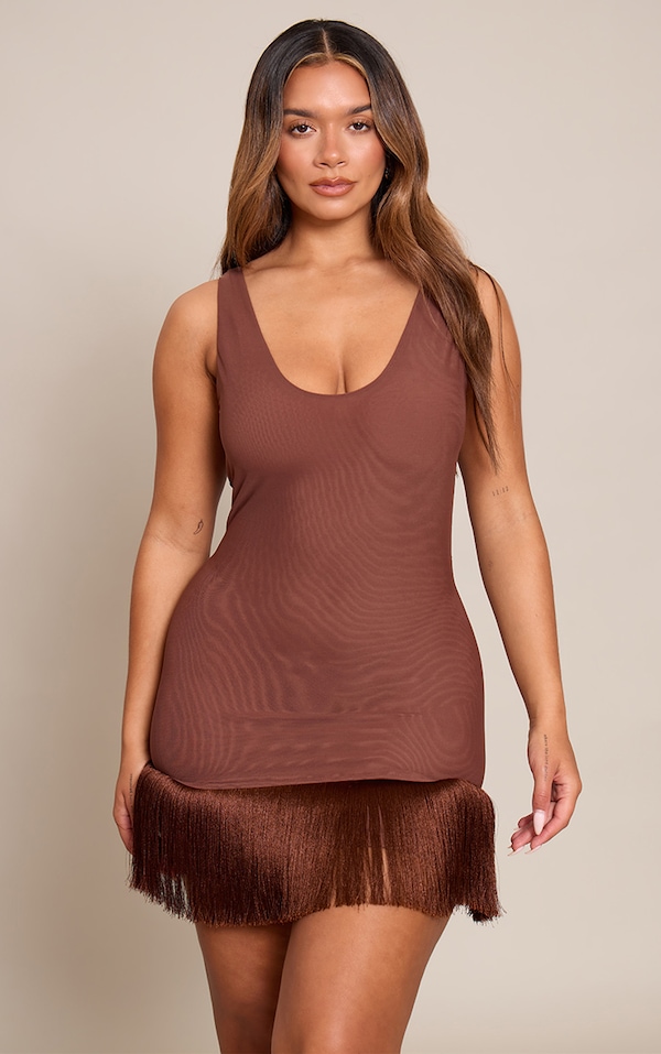 Shape Chocolate Mesh Scoop Back Fringe Trim Mini Dress