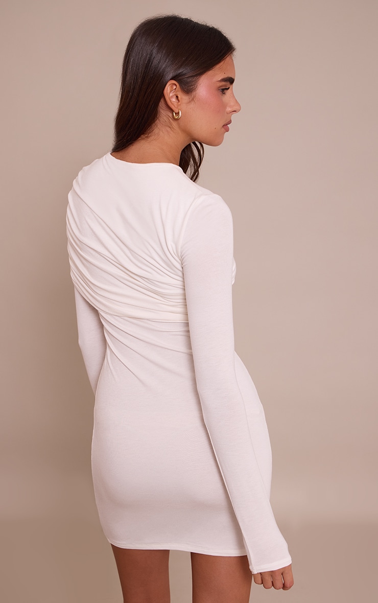 Cream Jersey Overlay Detail Long Sleeve Bodycon Dress image 2