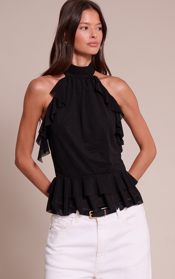 Black Stretch Chiffon Frill Detail Highneck Top