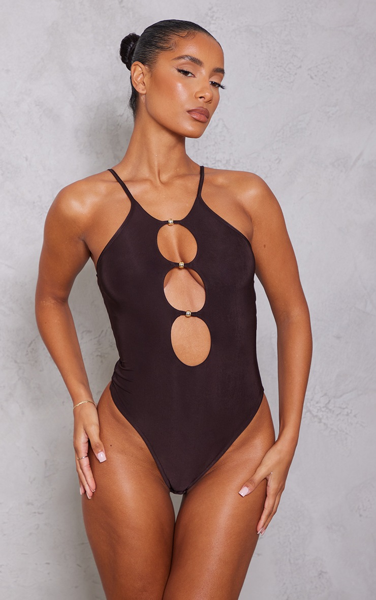 Chocolate Slinky Cut Out One Sleeve Bodysuit - Debby