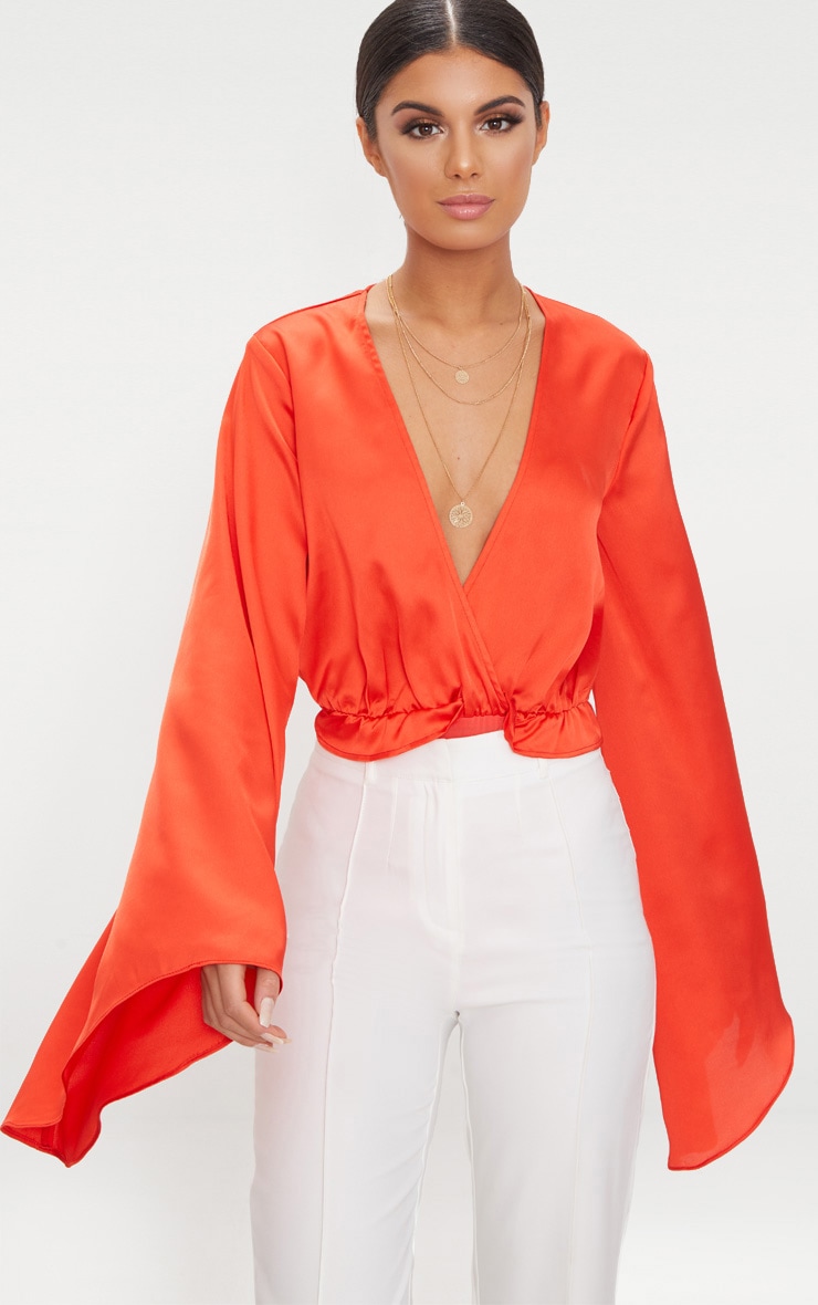 Red Satin Flare Sleeve Thong Bodysuit Tops PrettyLittleThing