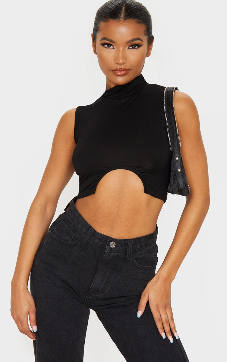 Crop top découpé noir à col montant en jersey