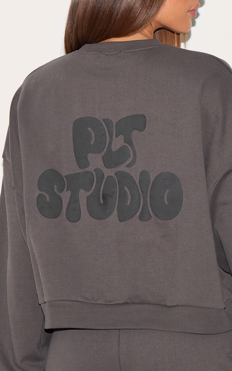 PRETTYLITTLETHING Tall Charcoal Premium Studio Print Boxy Sweatshirt image 4