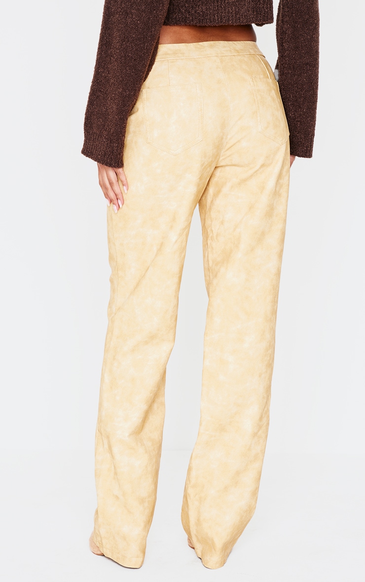 Premium Mustard Washed Faux Leather Pintuck Detail Straight Leg Trousers image 3