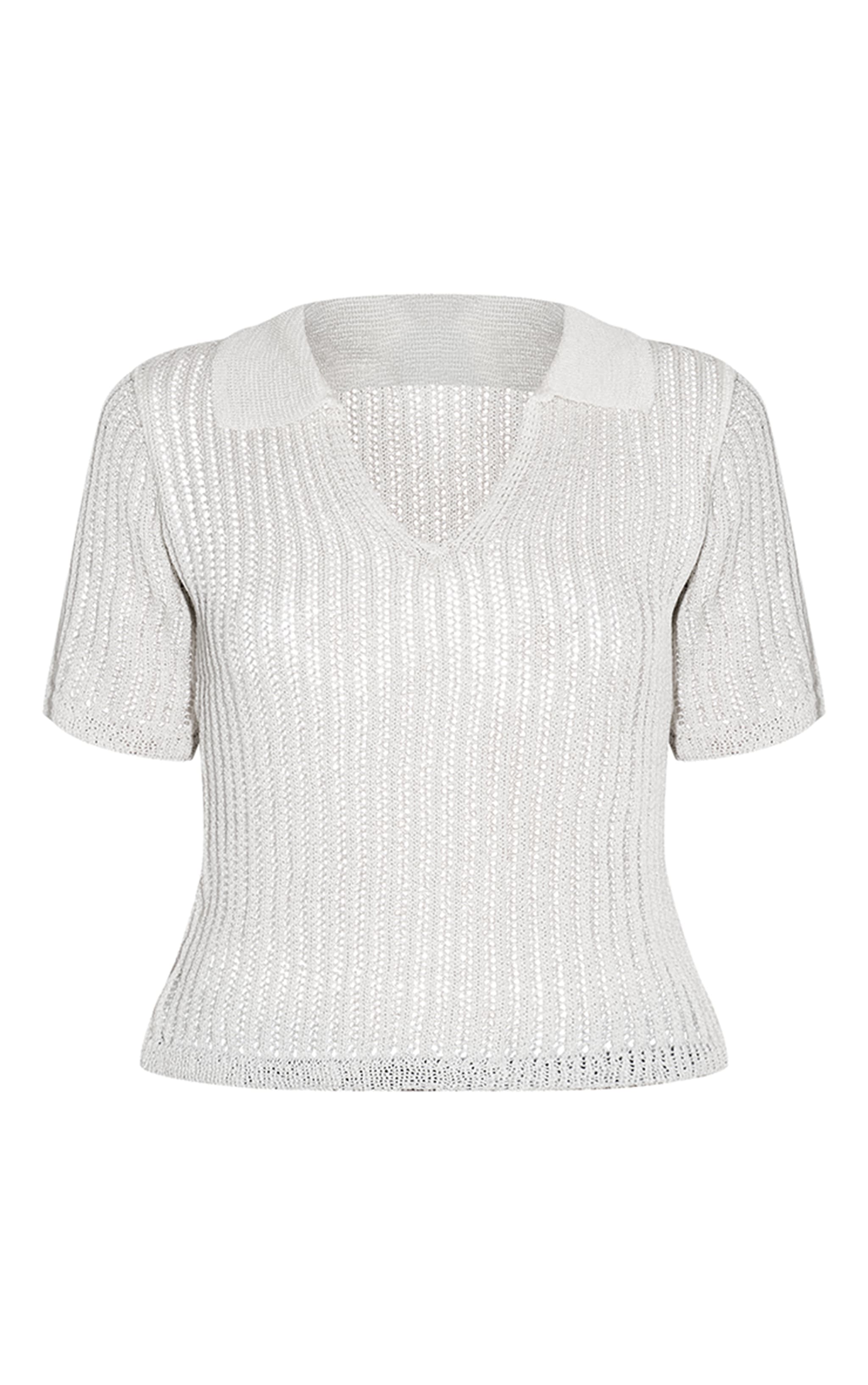 Top polo en maille tricot crème à col en V image 5