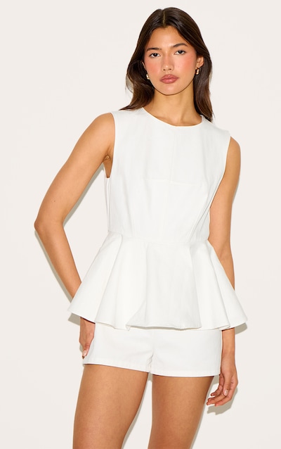 White Cotton Peplum Skort Romper