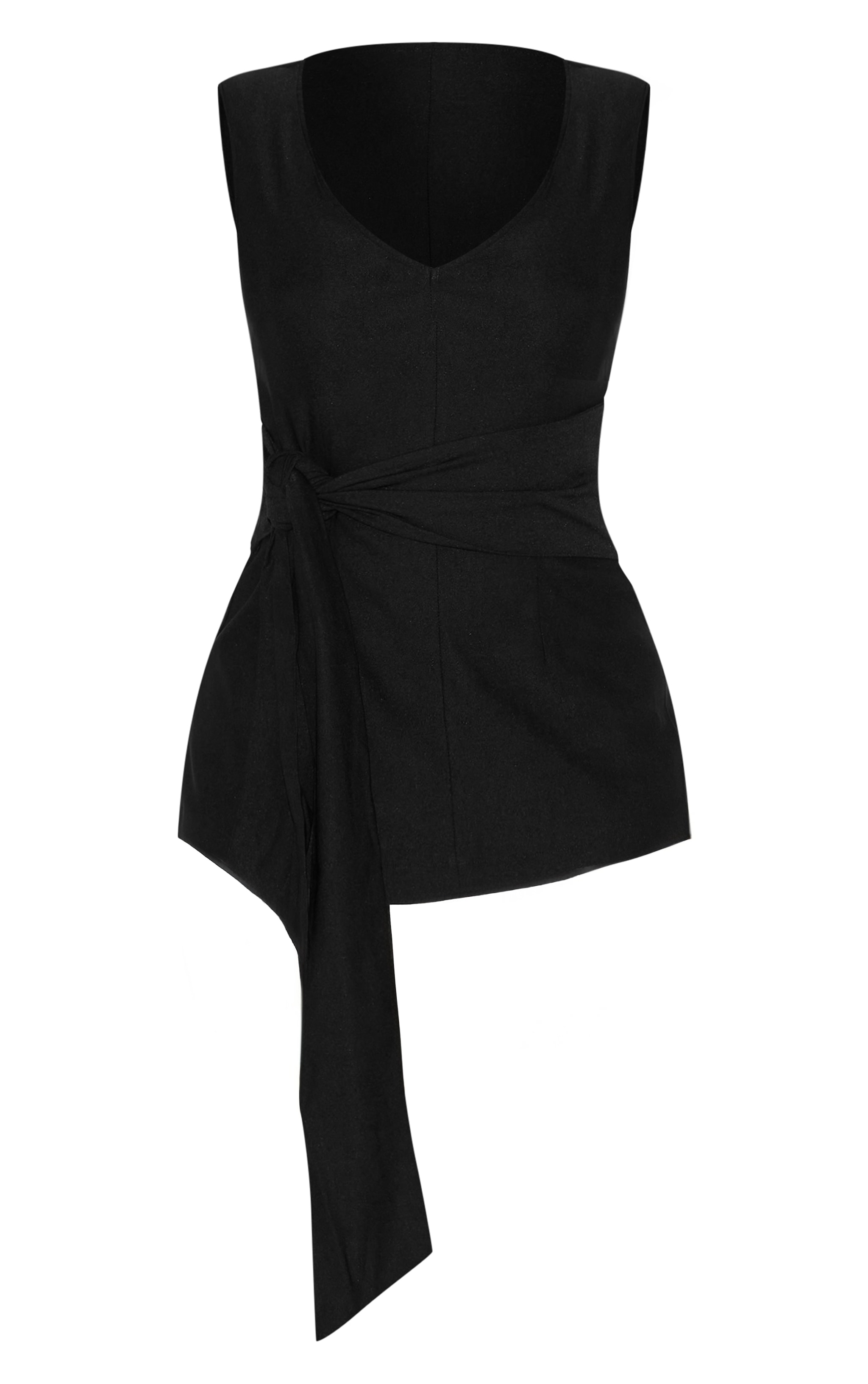 Shape Black Stretch Woven Plunge Front Belted Long Line Top image 5