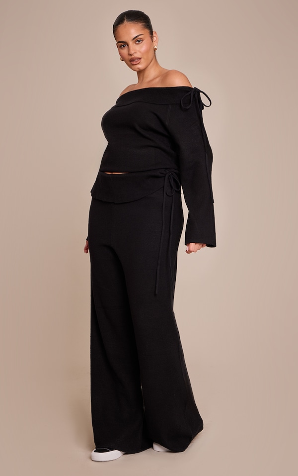 Plus Black Foldover Tie Side Knitted Wide Leg Trouser 
