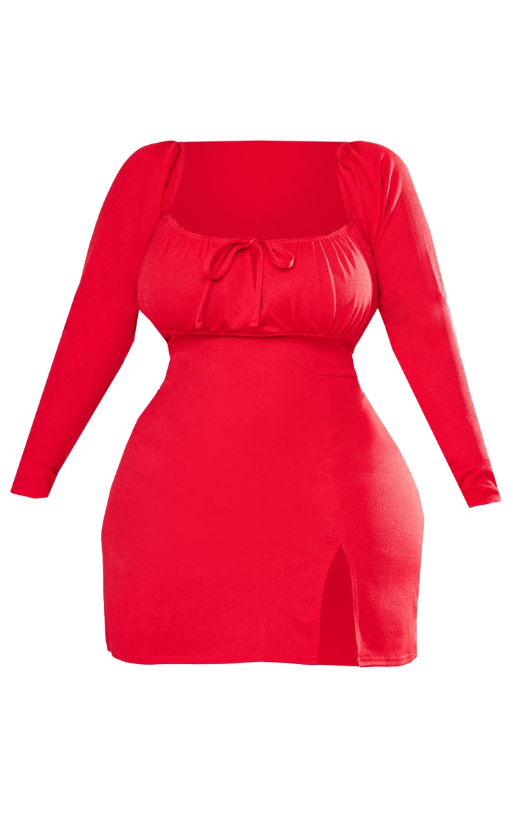 Plus Red Puff Sleeve Tie Front Bodycon Dress image 1