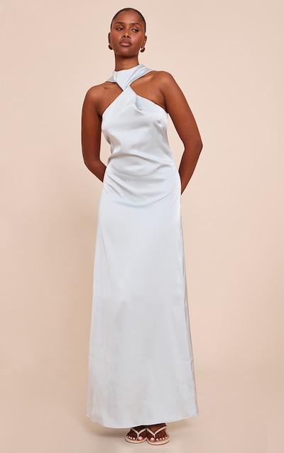 Baby Blue Satin Twist Front Maxi Dress