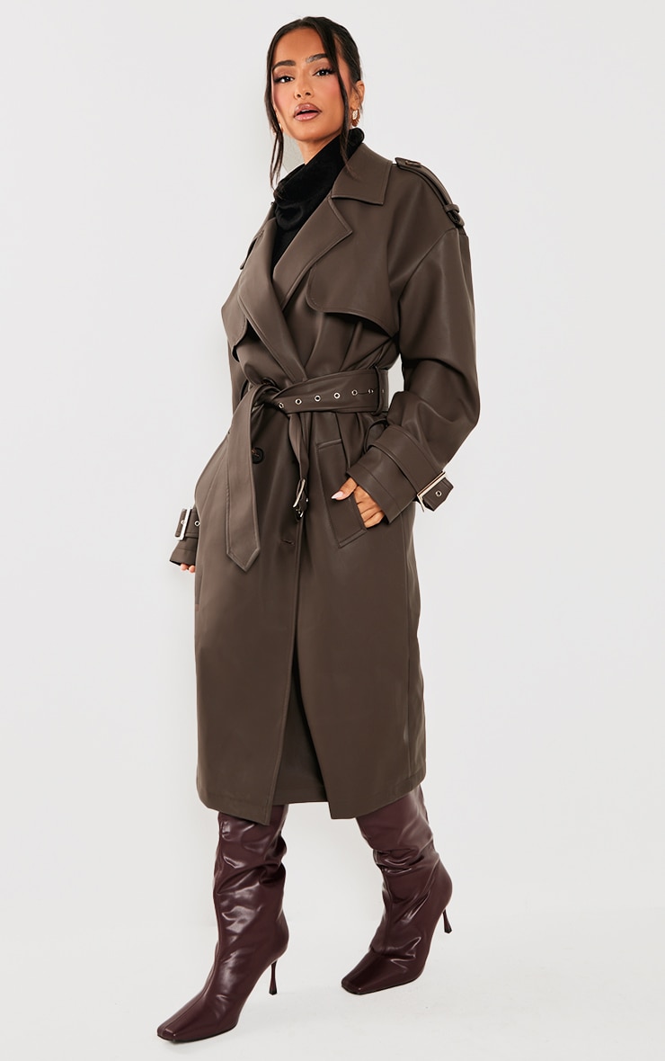 Petite Chocolate Faux Leather Buckle Trench Coat image 3