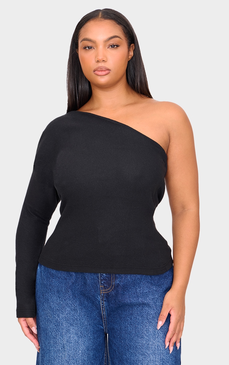 Plus Black Brushed Rib Asymmetric Shoulder Long Top image 3