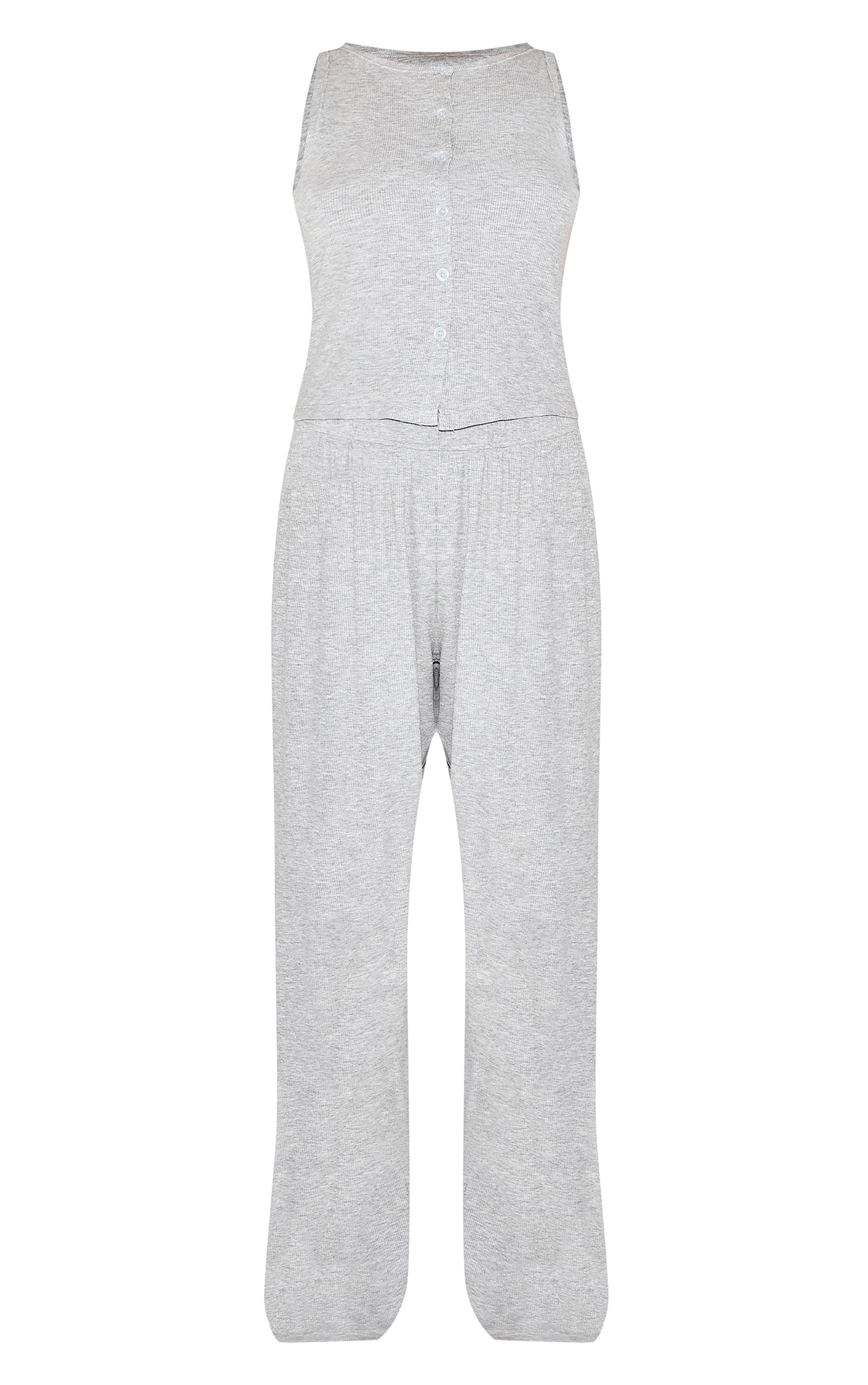 Grey Ribbed Button Vest Long Pj Set image 5