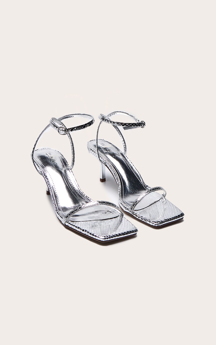 Silver Snake Pu Square Toe Barely There Mid Heeled Sandals image 3