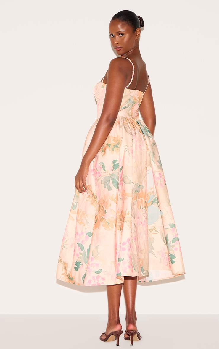 Pink Abstract Floral Ruched Bust Corset Strappy Midaxi Dress image 2