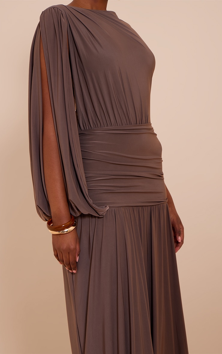 Mushroom Double Layer Slinky Ruched One Shoulder Maxi Dress image 4