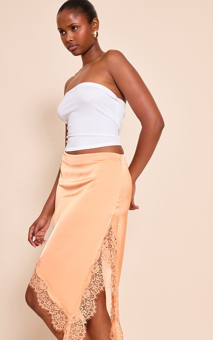 Peach Satin Lace Trim Asymmetric Midi Skirt image 4