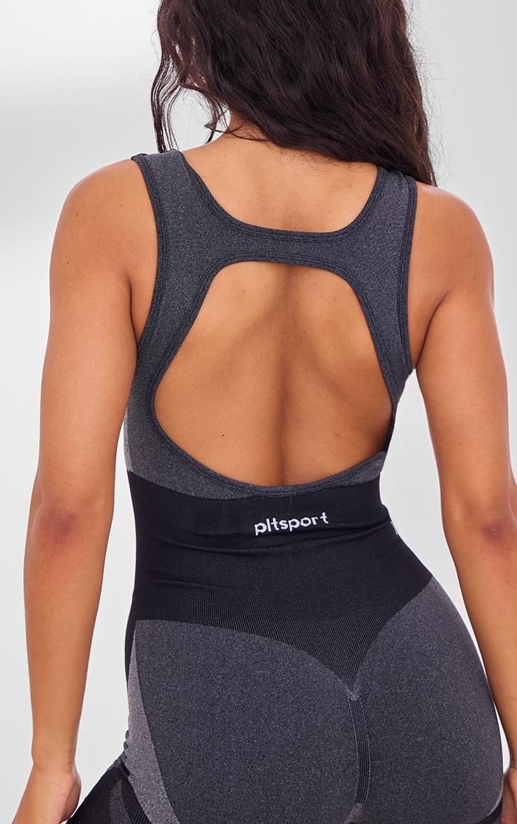 PLT SPORT Black Seamless Open Back Jacquard Unitard image 4