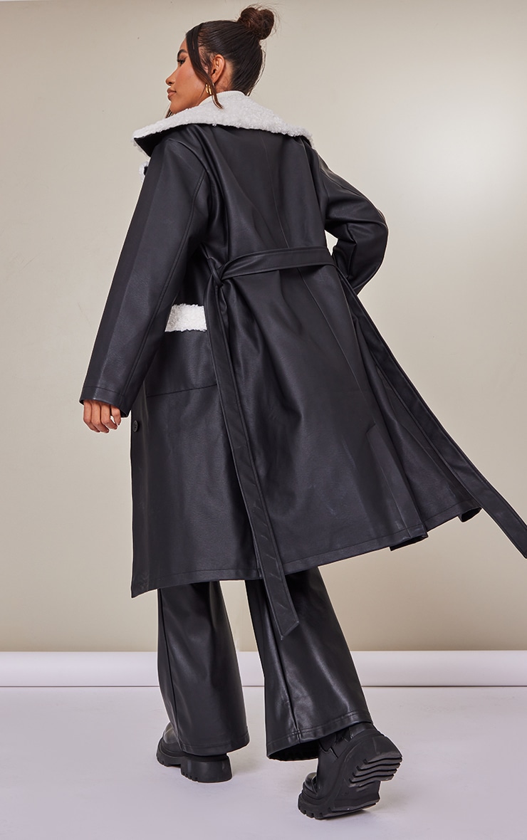 Black Faux Leather Contrast Borg Trim Trench image 2