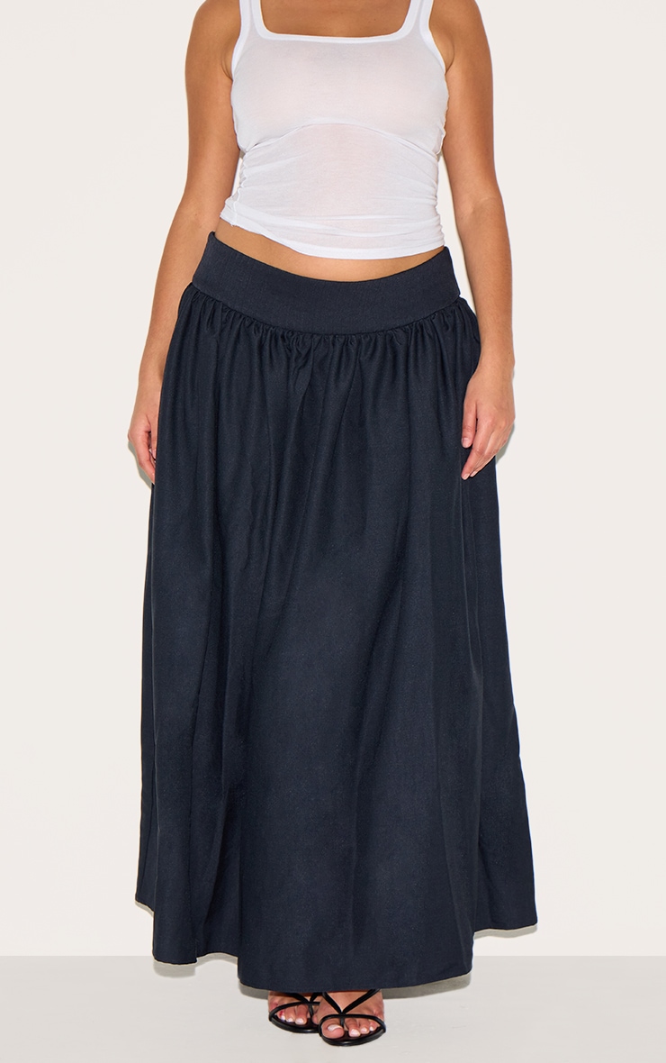 Plus Indigo Blue Wash Woven Drop Waist Rib Panel Maxi Skirt image 2
