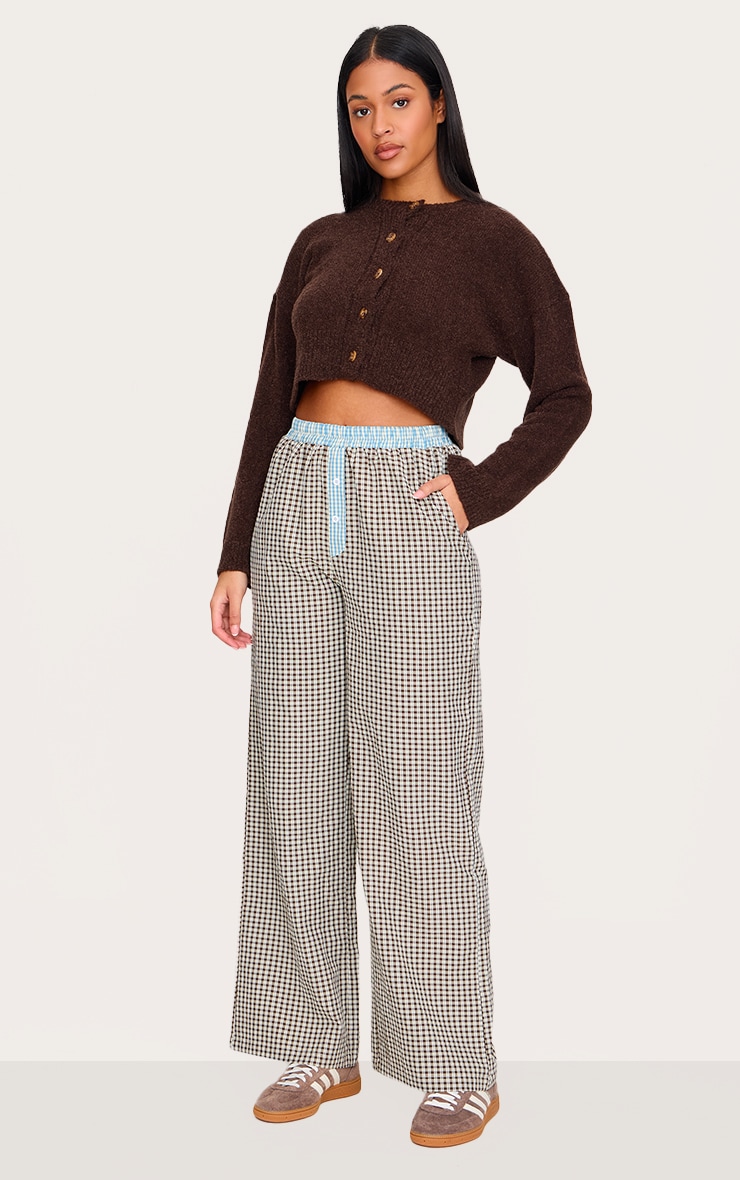 Tall Brown Contrast Detail Check Wide Leg Pants image 2