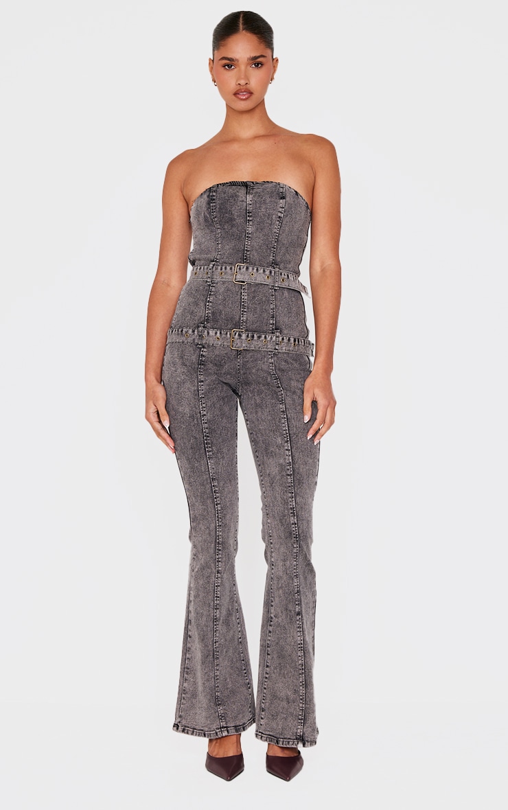 Washed Grey Buckle Detail Straight Leg Denim Jumpsuit image 1