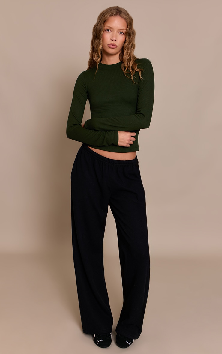 Dark Khaki Soft Rib Crew Neck Long Sleeve Top image 3