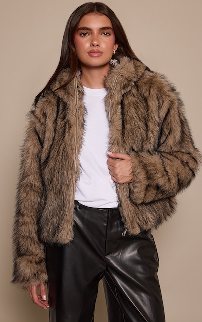 Brown Faux Fur Cropped Hooded Zip Up Jacket