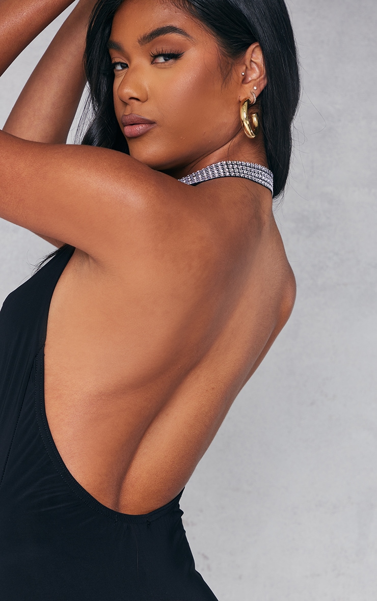 Black Slinky Cowl Diamante Trim Halter Bodycon Dress image 4