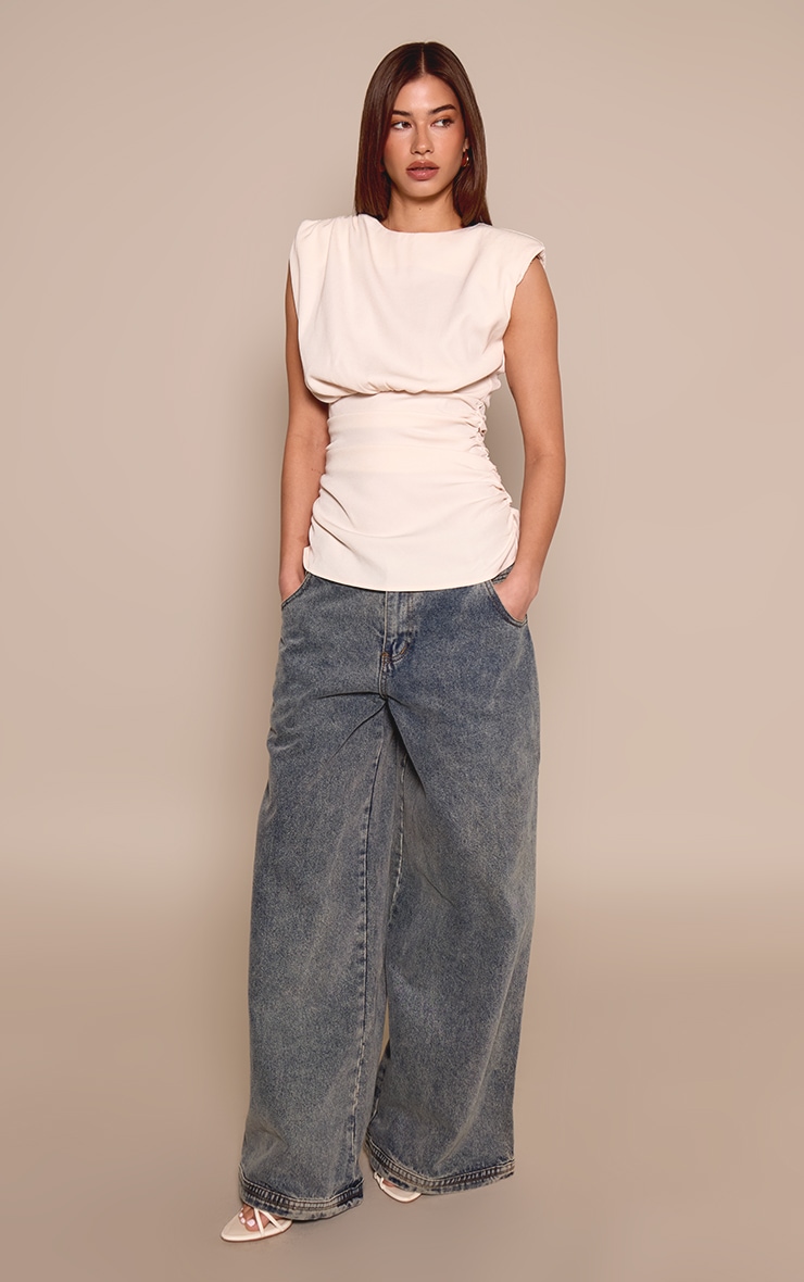 Cream Woven Shoulder Padded Cinched Top image 3