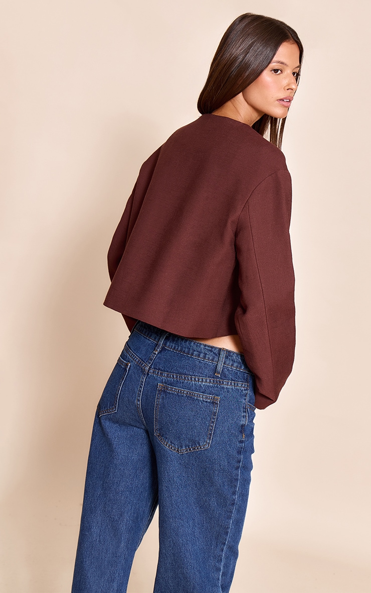 Chocolate Linen Look Boxy Button Up Jacket image 2