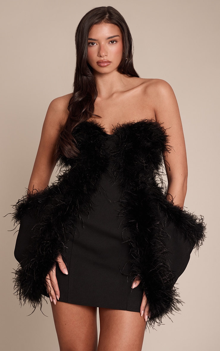 Premium Black Feather Trim Hip Detail Bandeau Bodycon Dress