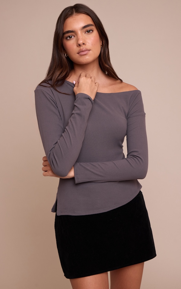 Charcoal Ultra Soft Asymmetric Long Sleeve Top  